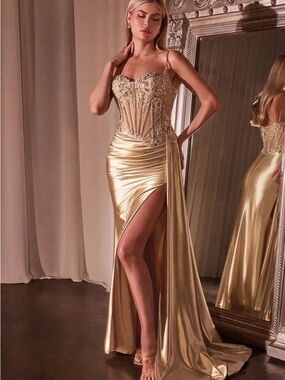 Elegant Gold Embellished Corset Prom Gown